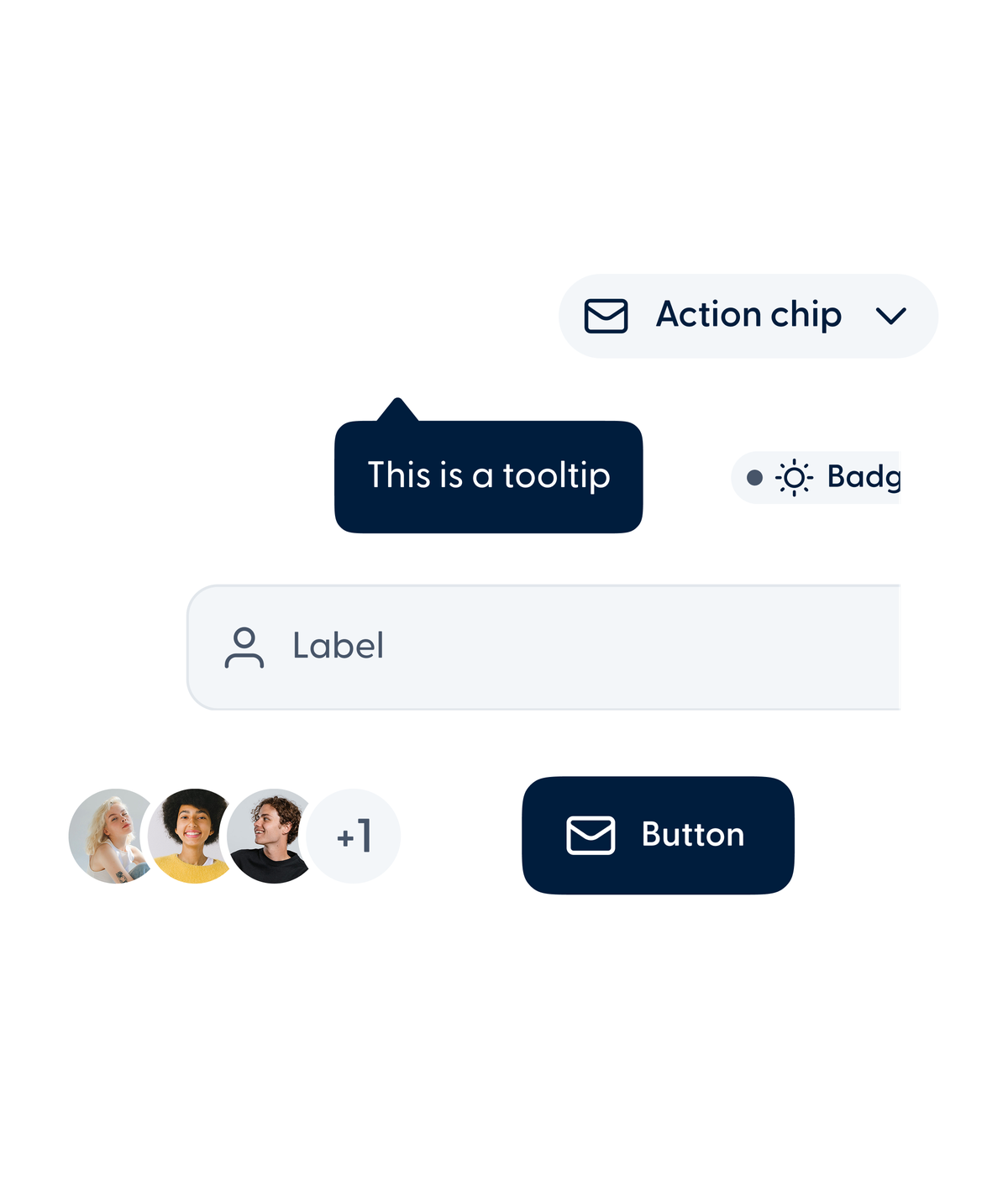 Blossom design system components: action chip, tooltip, badge, label, avatars, and button