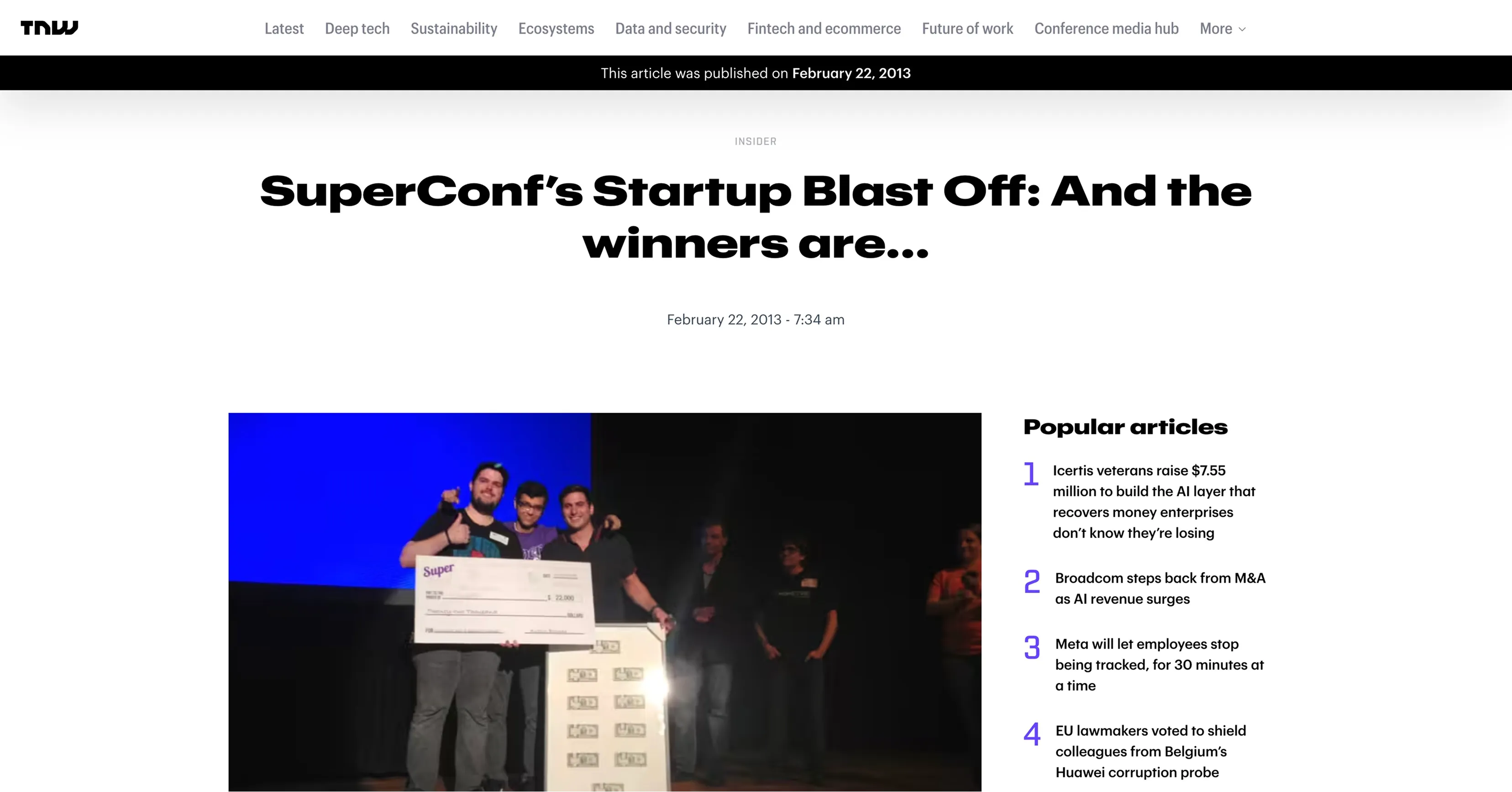 The Next Web article announcing the SuperConf Startup Blast Off winners