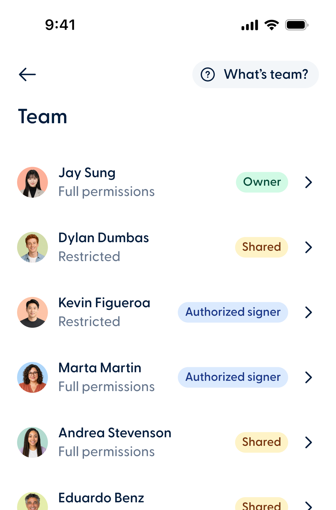 Blossom Biz team management, the business banking portal, on mobile