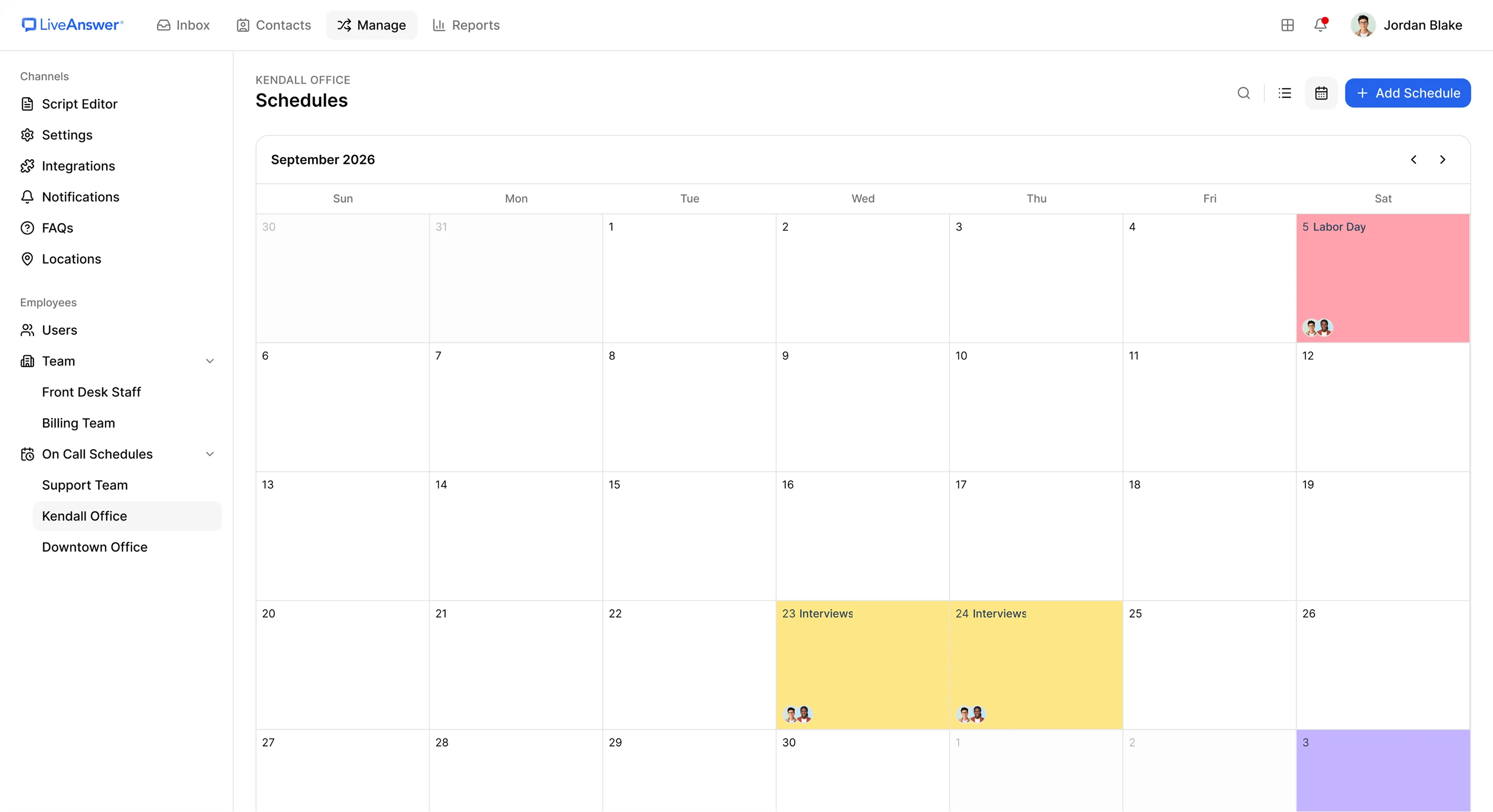 Monthly calendar view of schedules with holidays and events highlighted