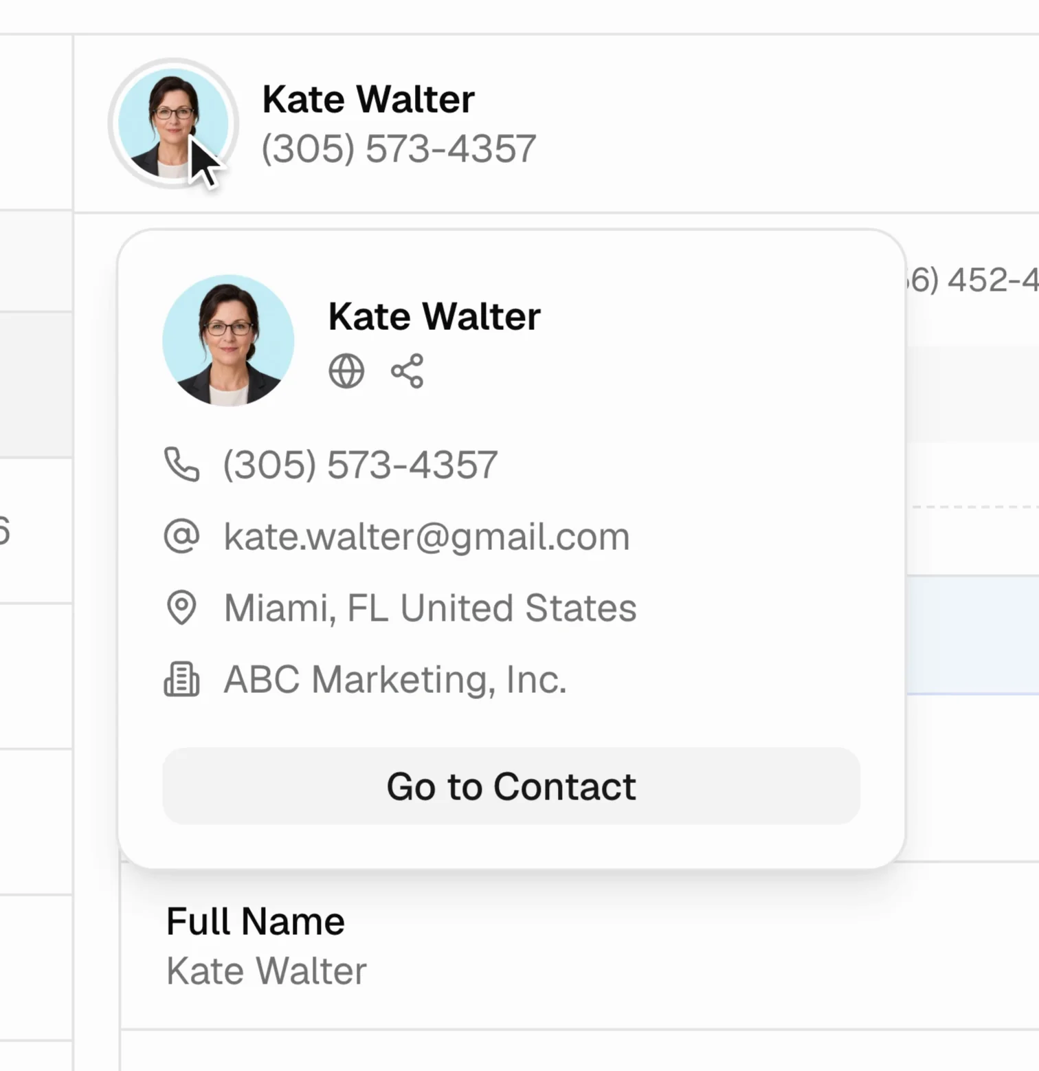 Caller contact card with phone, email, location, and company