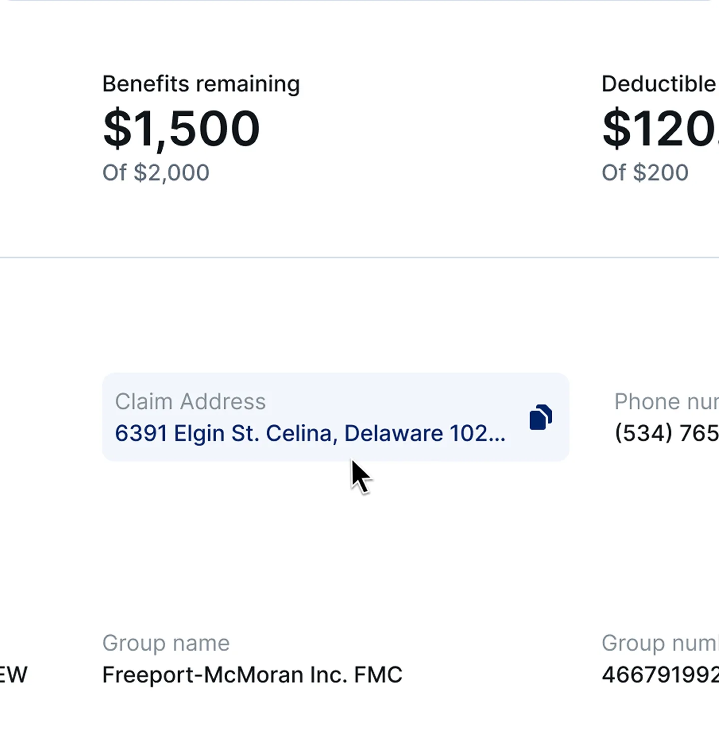 Claim address field with a one-click copy action