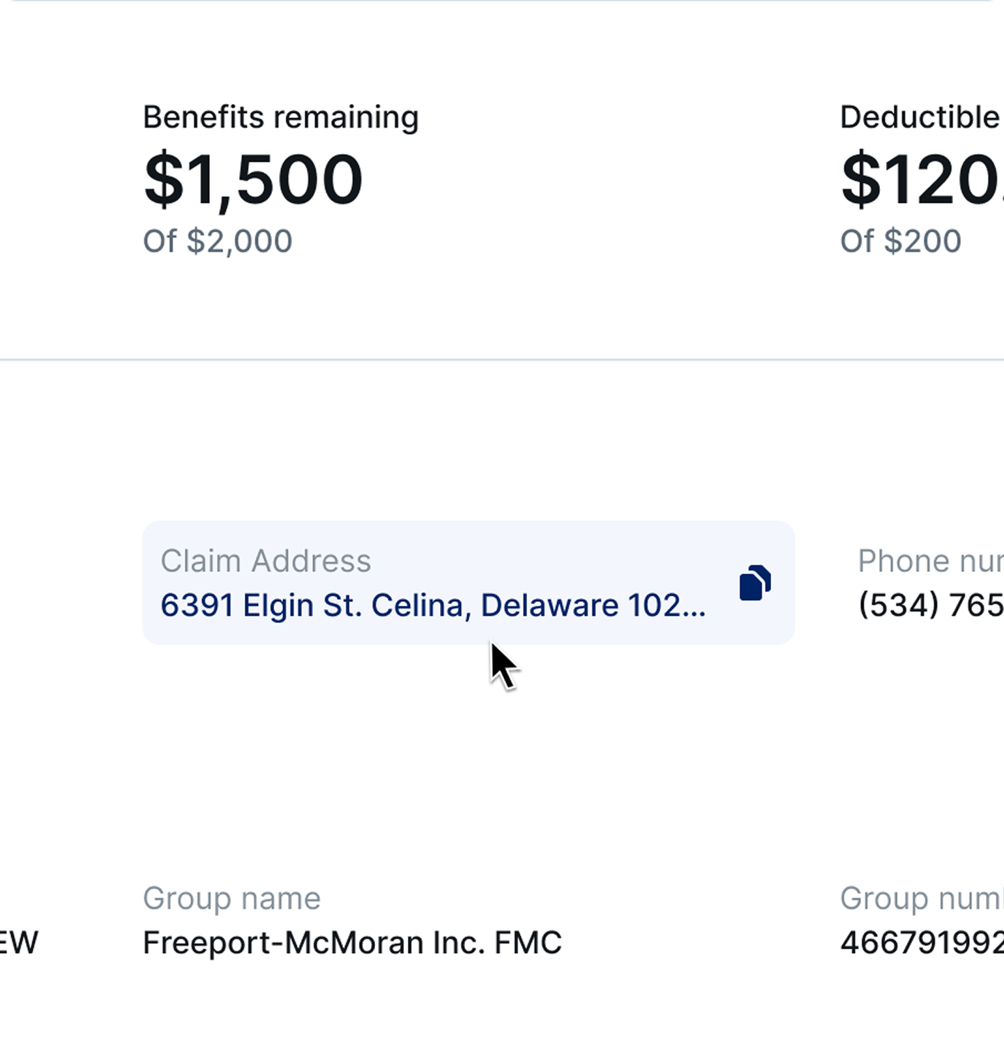 Claim address field with a one-click copy action