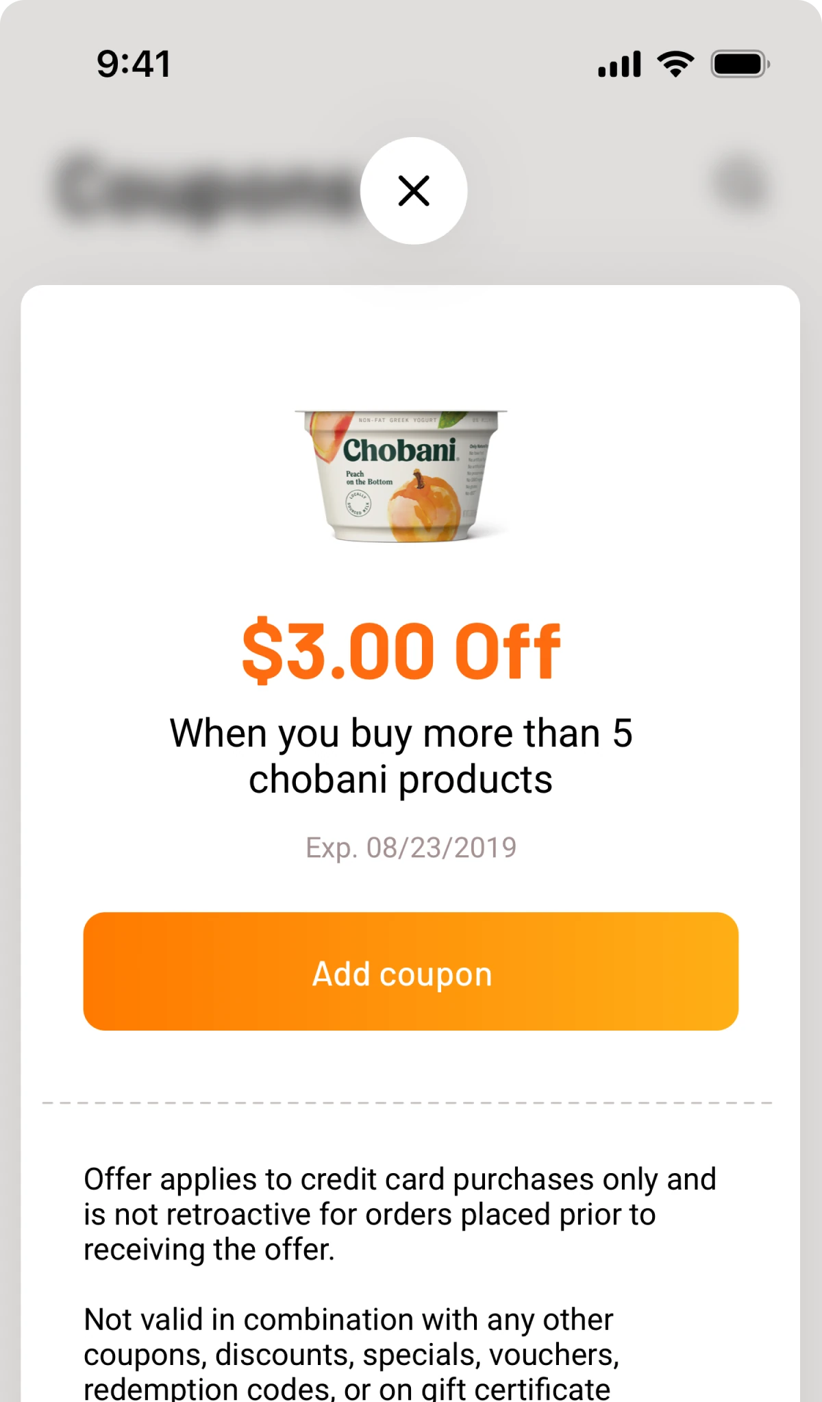 Coupon detail screen with an add-to-card action
