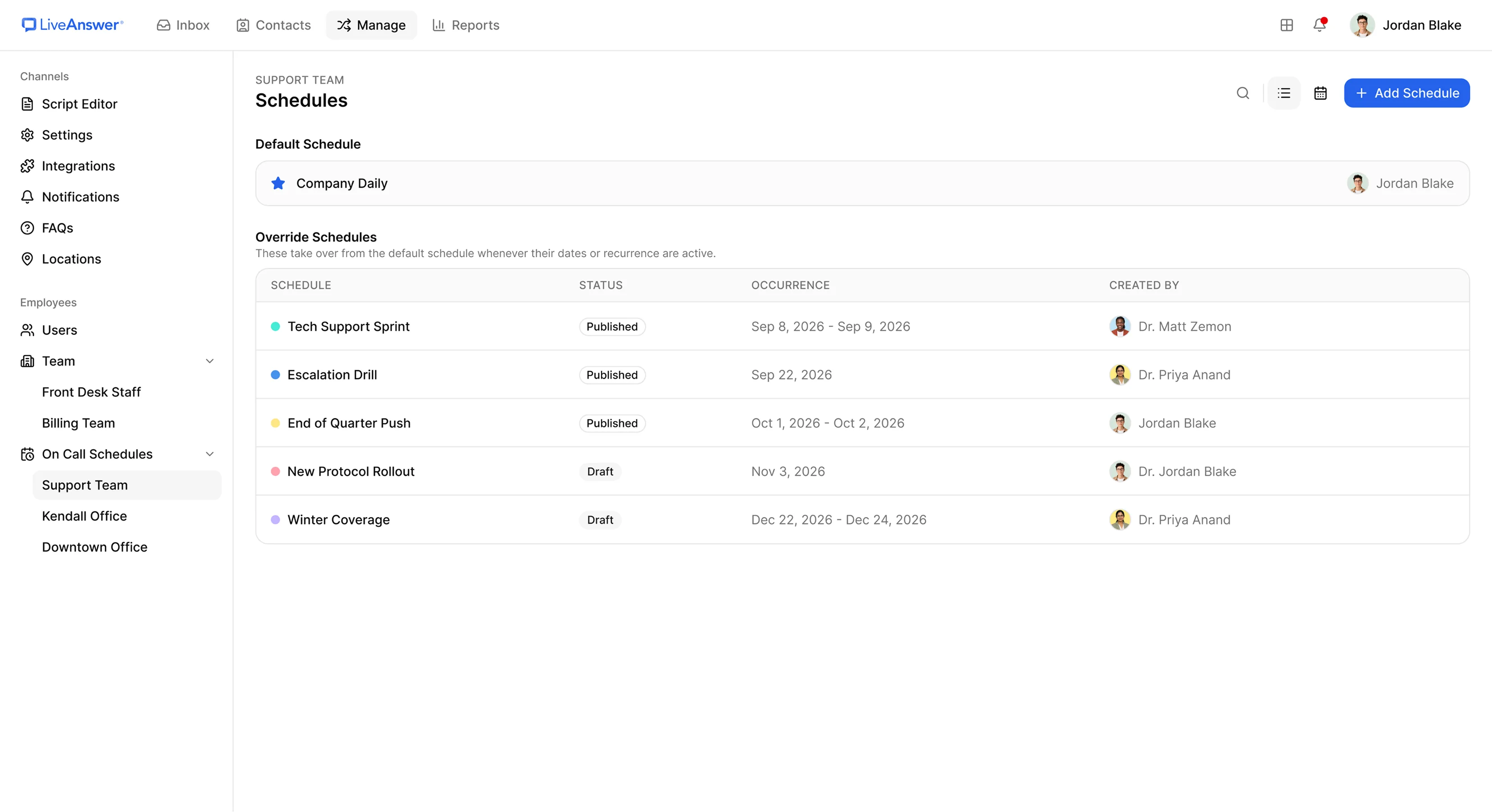 Schedules screen with a default schedule and a list of override schedules