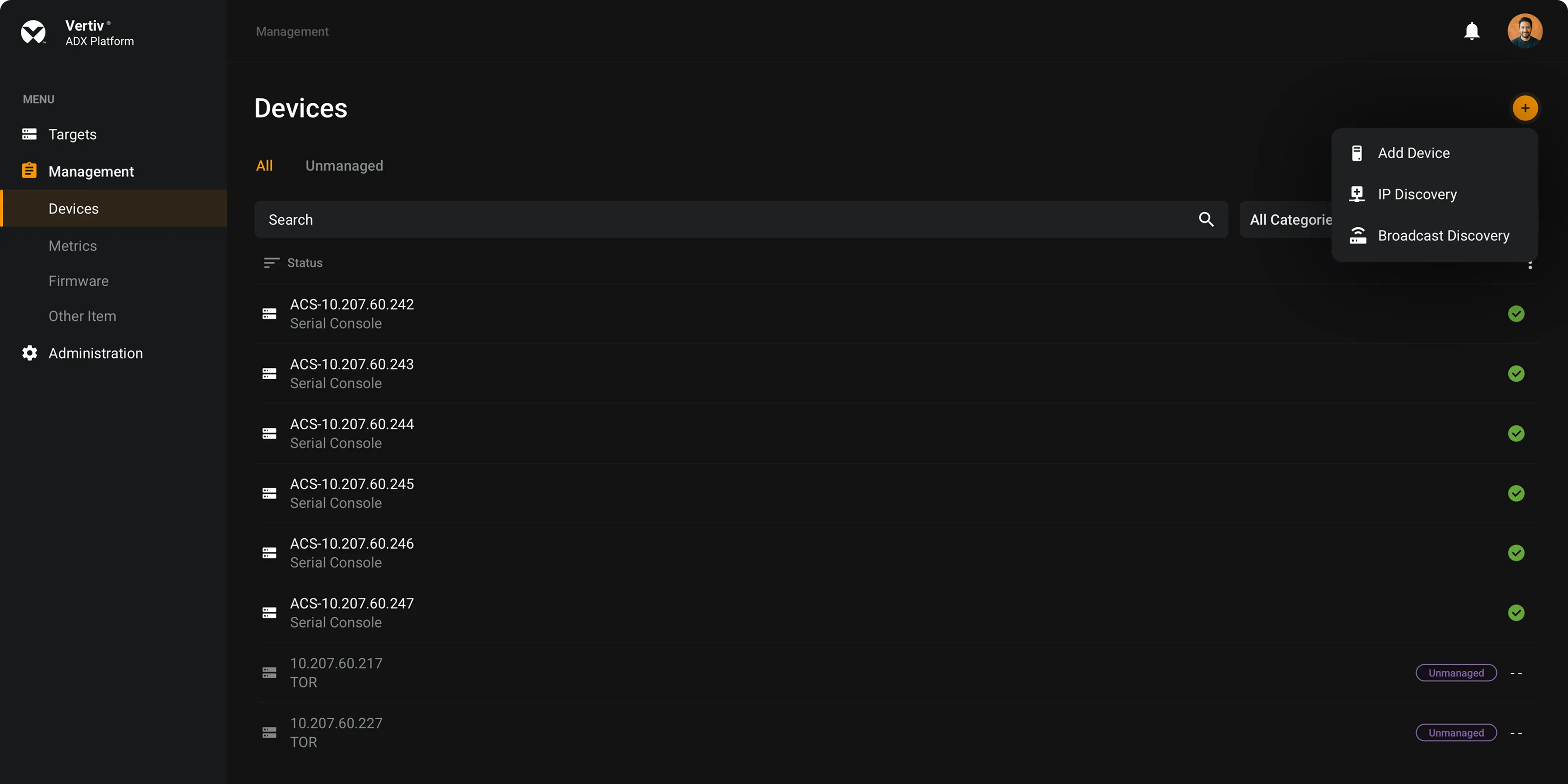 ADX device management table with broadcast discovery menu