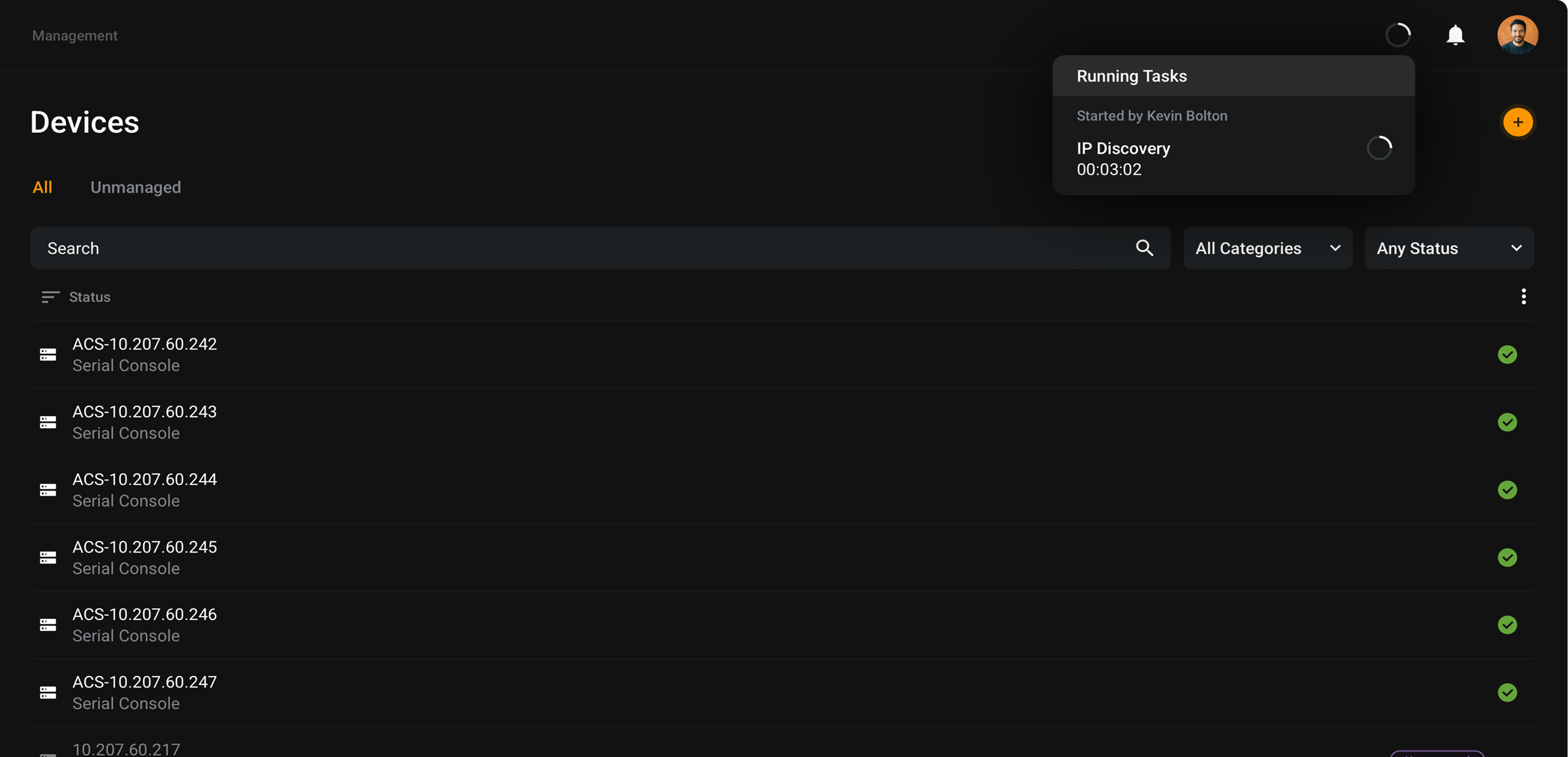 Device discovery progress running in the ADX platform
