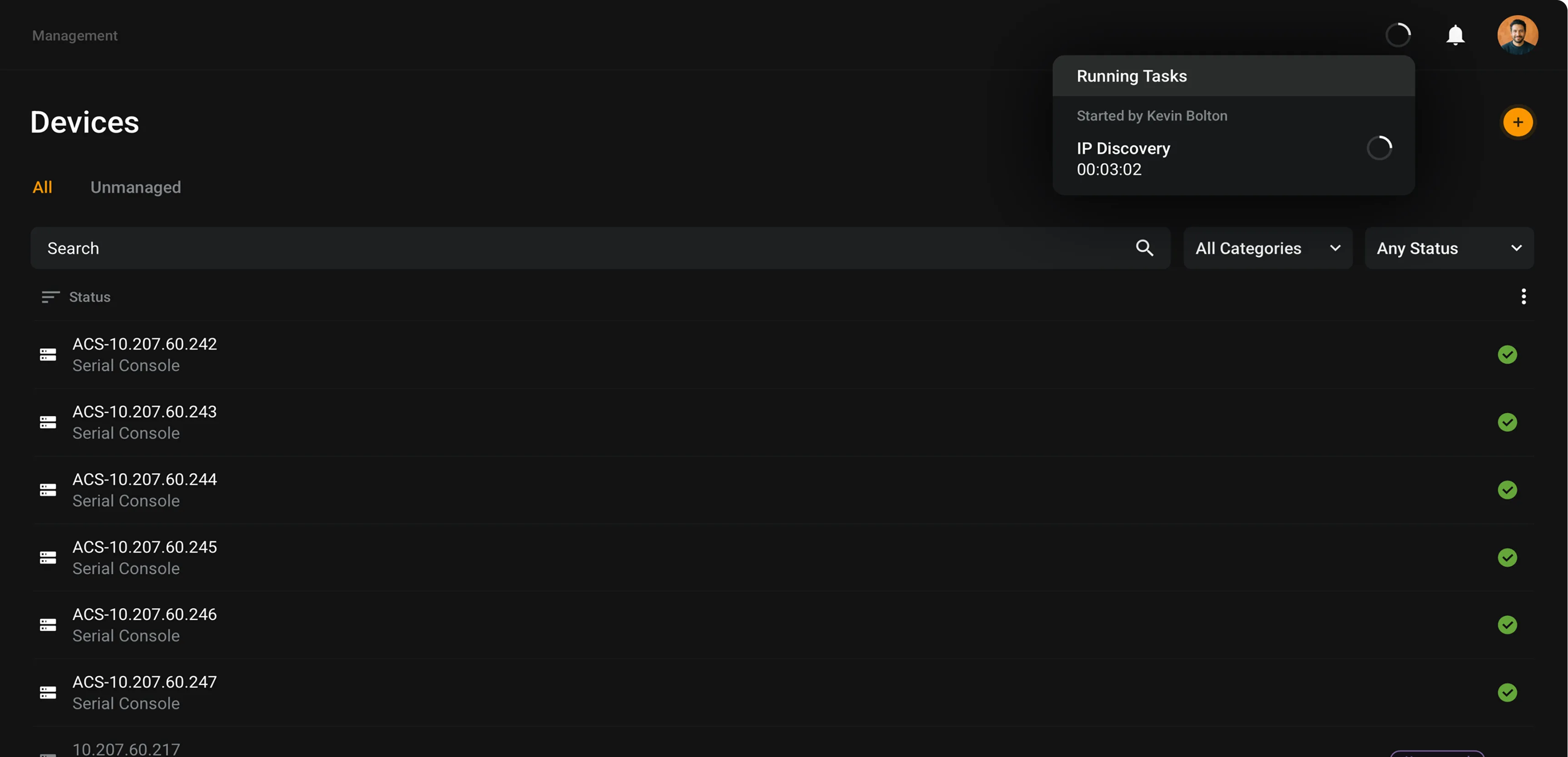 Device discovery progress running in the ADX platform