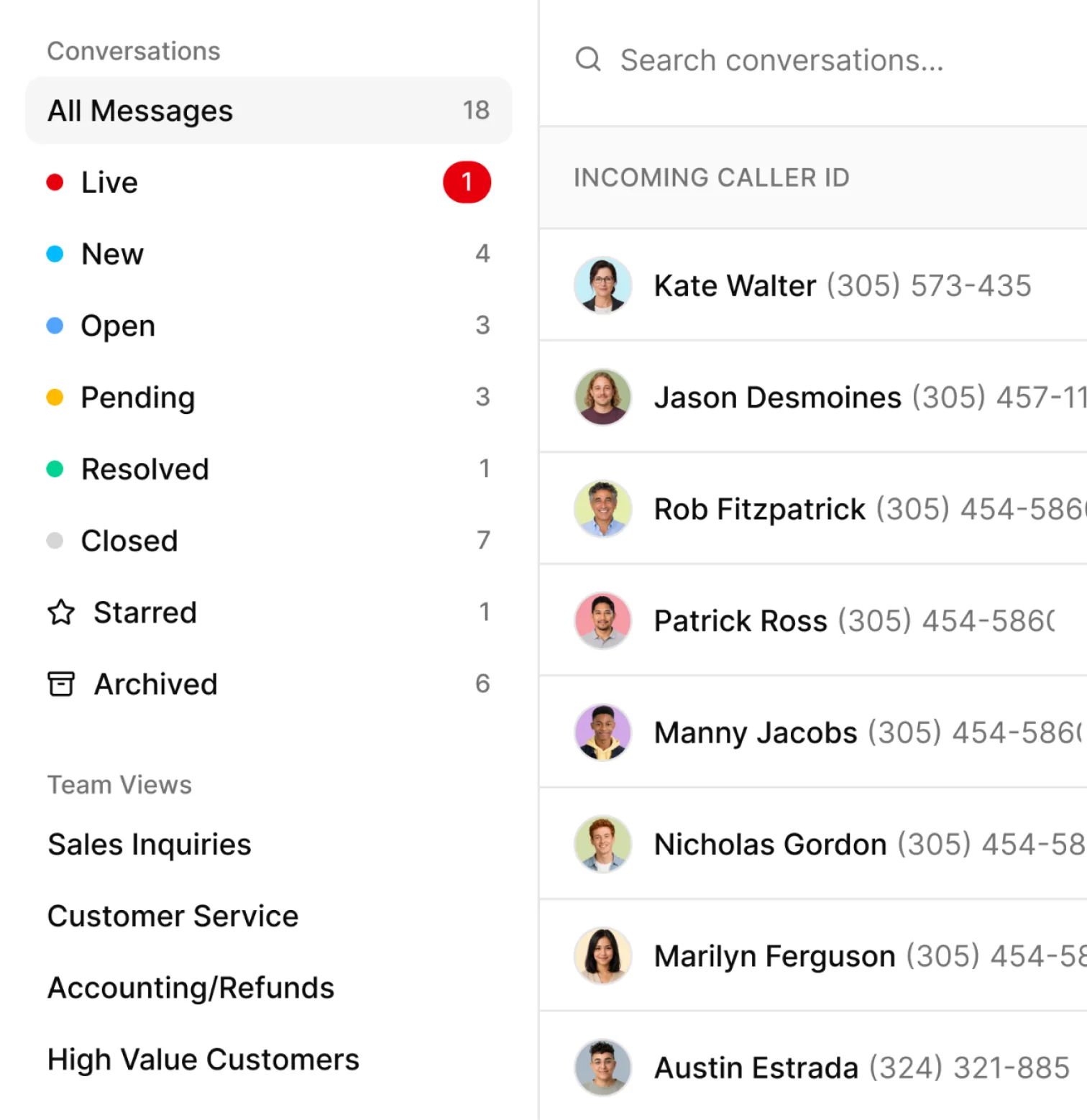 Inbox sidebar with conversation status filters and an incoming caller list