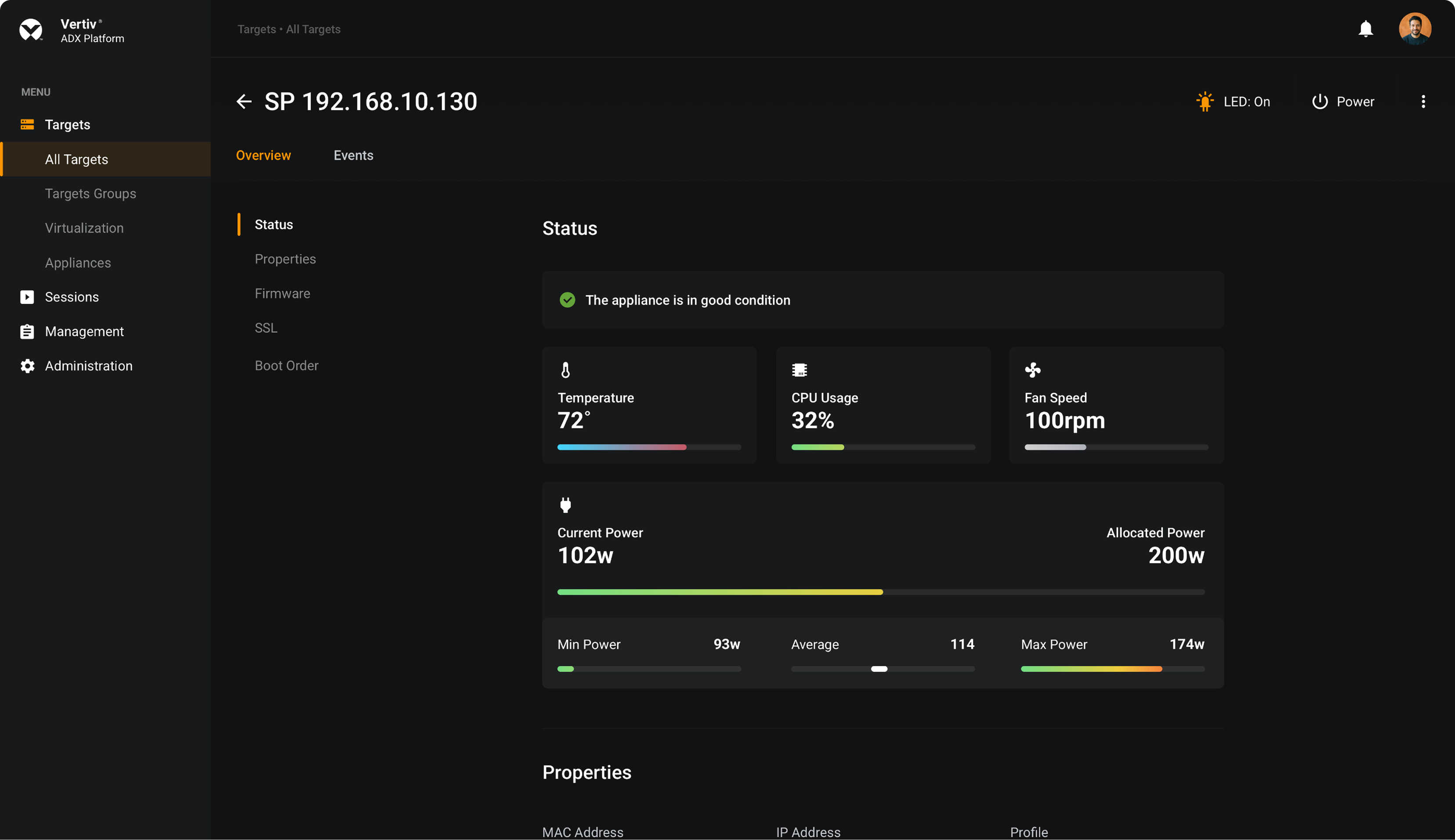 Vertiv ADX Platform target status dashboard