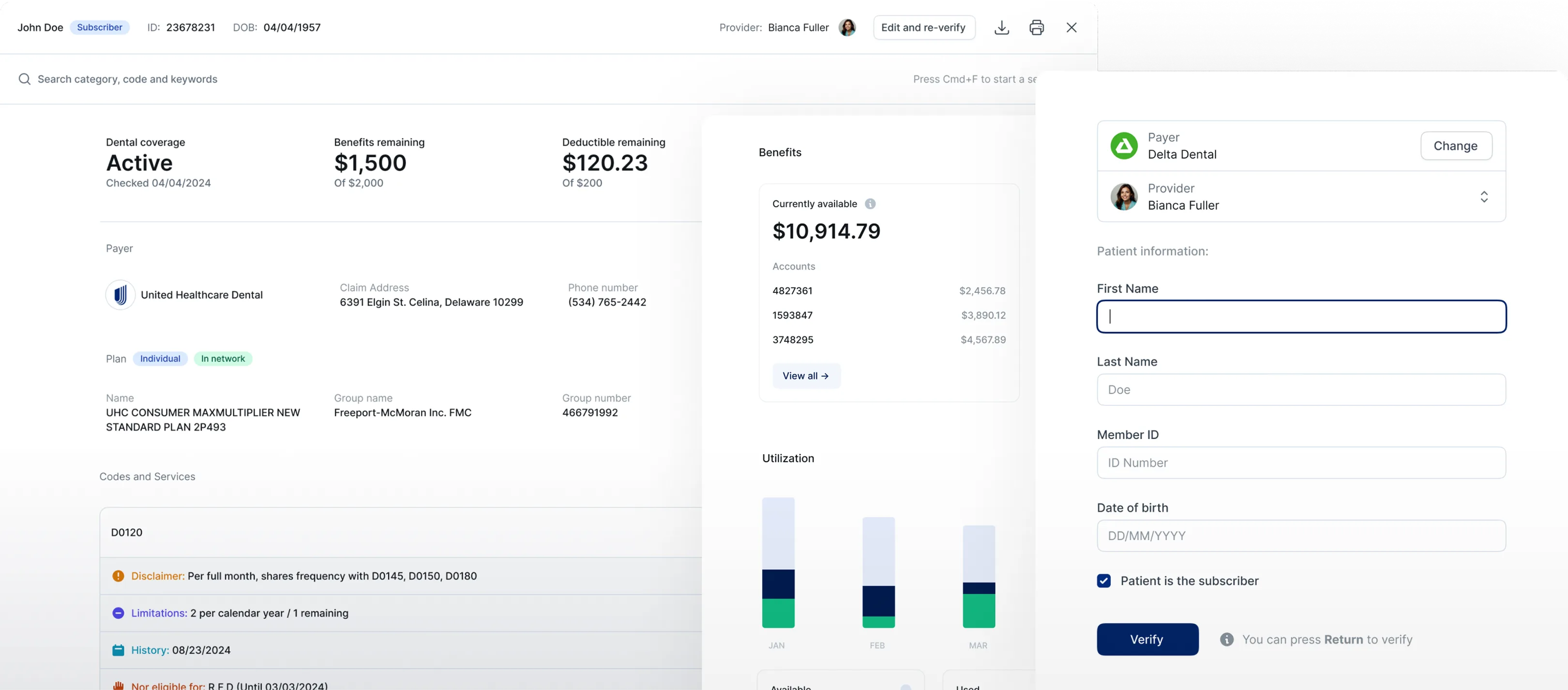 Useful dashboard showing a patient's insurance verification details