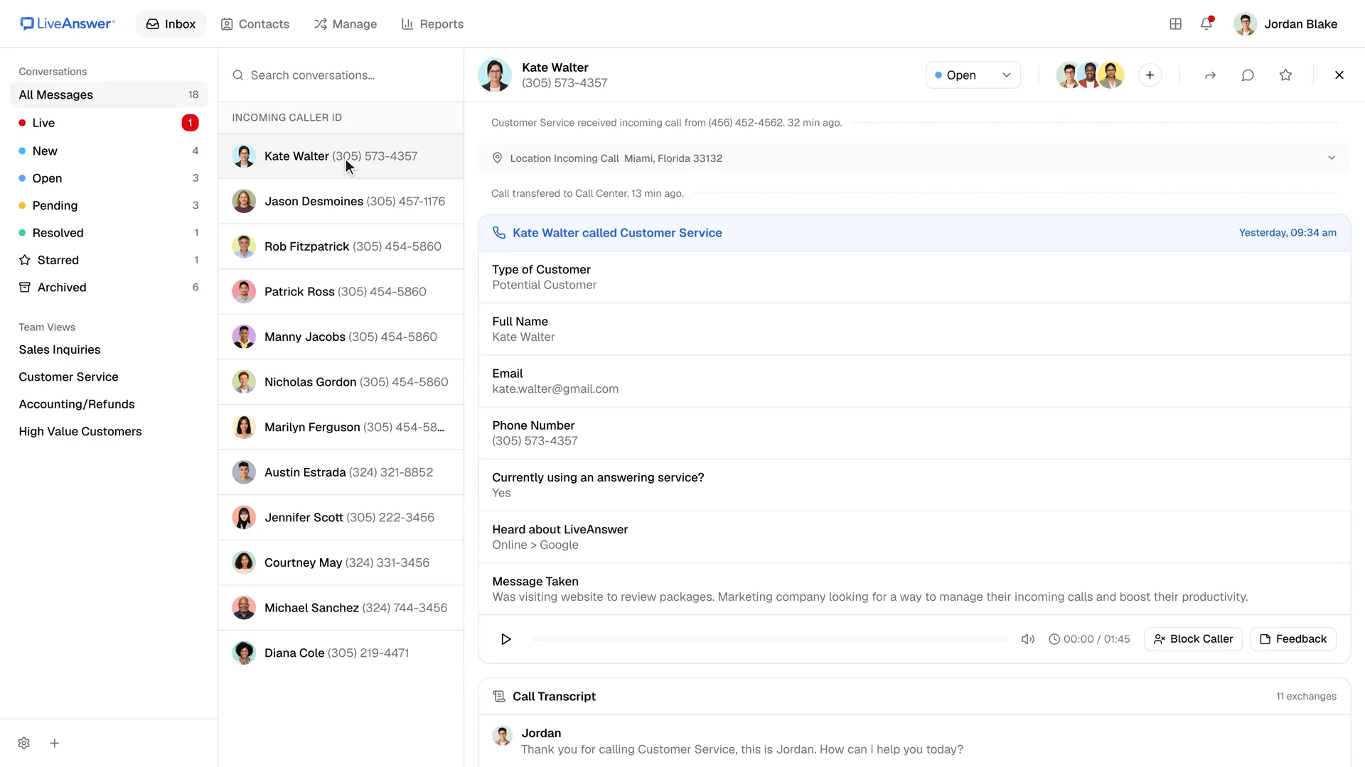 LiveAnswer inbox with a live call, caller details, and a call transcript