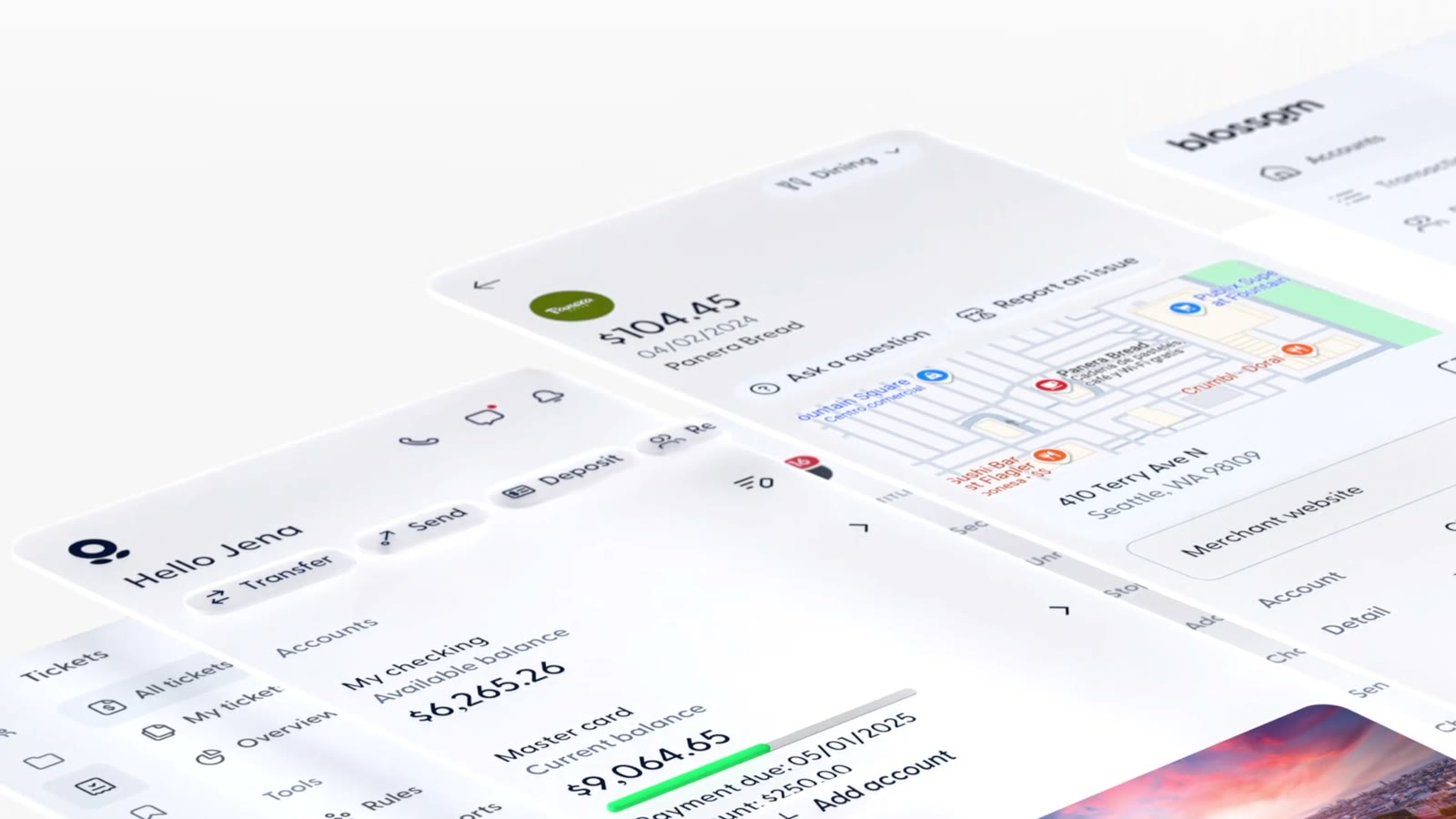 A spread of Blossom's product screens, banking UI across several apps