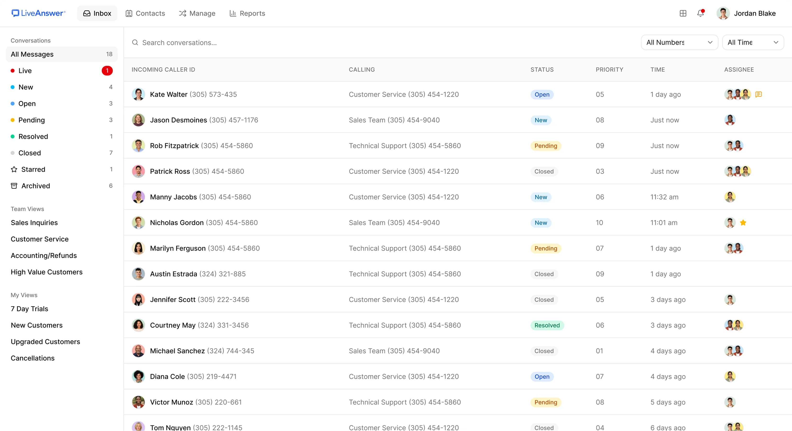 Inbox with the full conversation list — caller, status, priority, and assignee