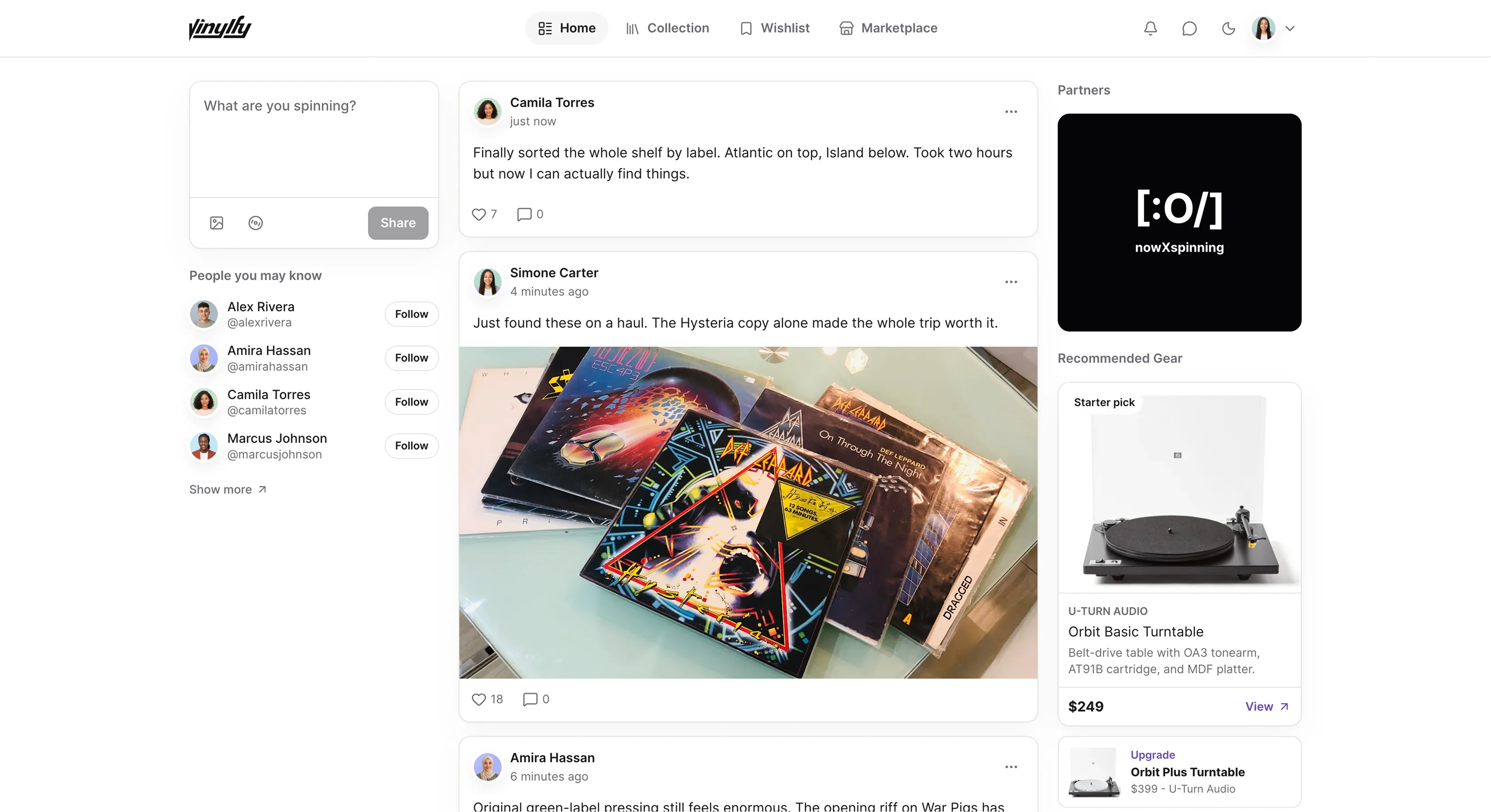 Vinylfy home feed in light mode