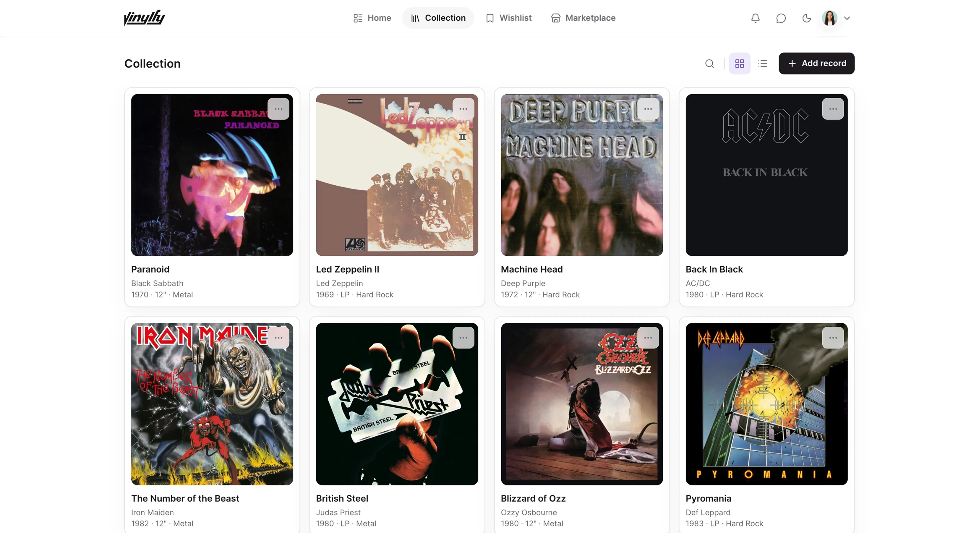 Vinylfy collection grid in light mode