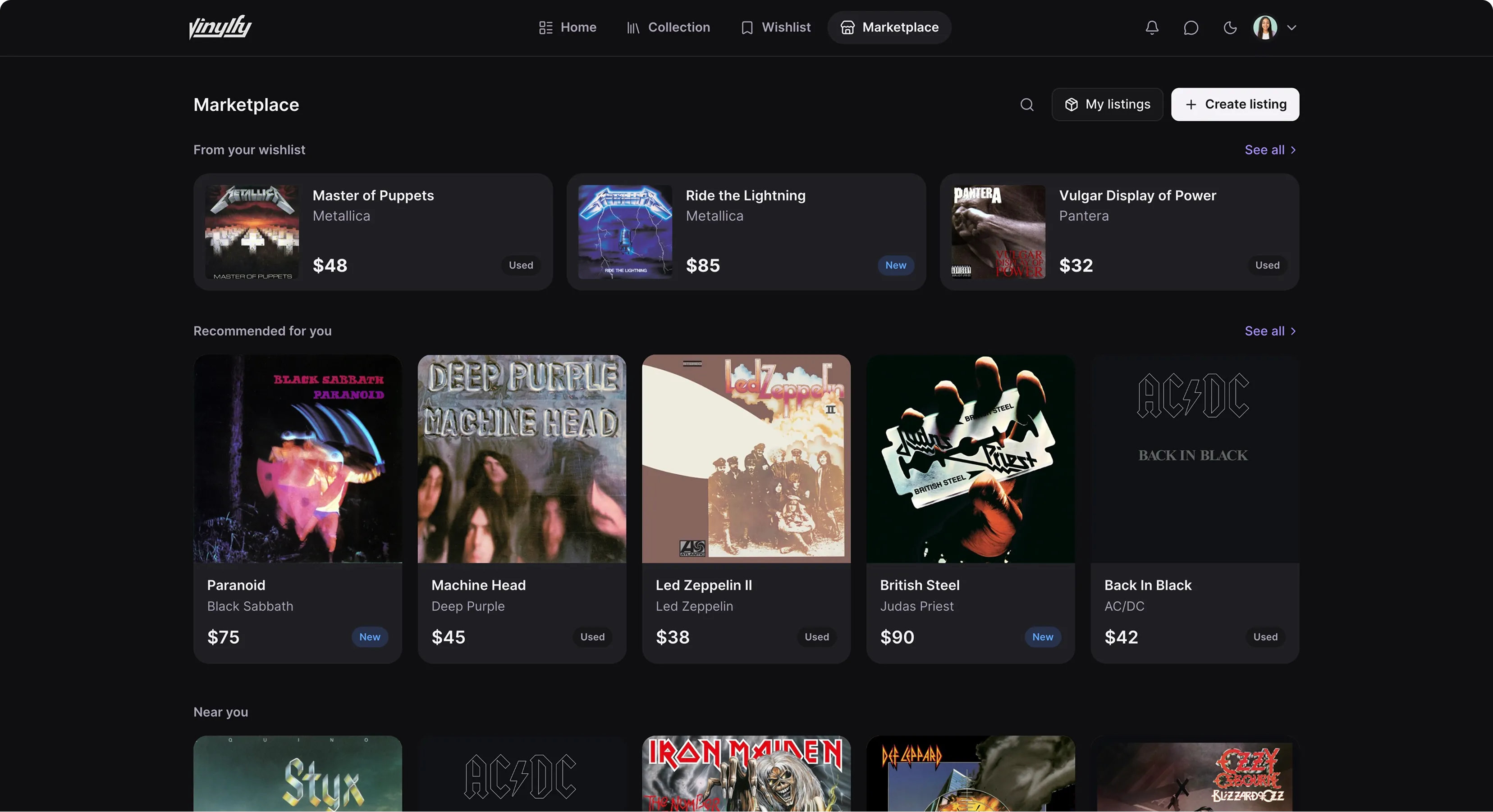 Vinylfy marketplace with records from your wishlist, recommendations, and listings near you