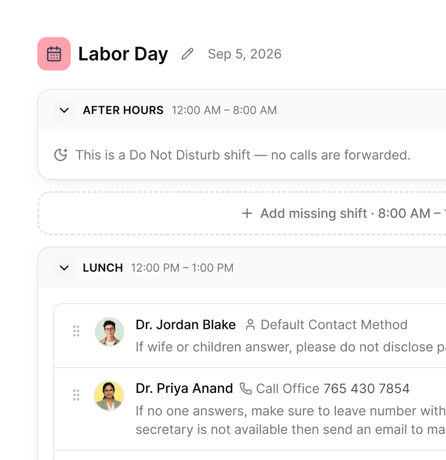 A schedule day with a gap and an add-missing-shift prompt to cover it