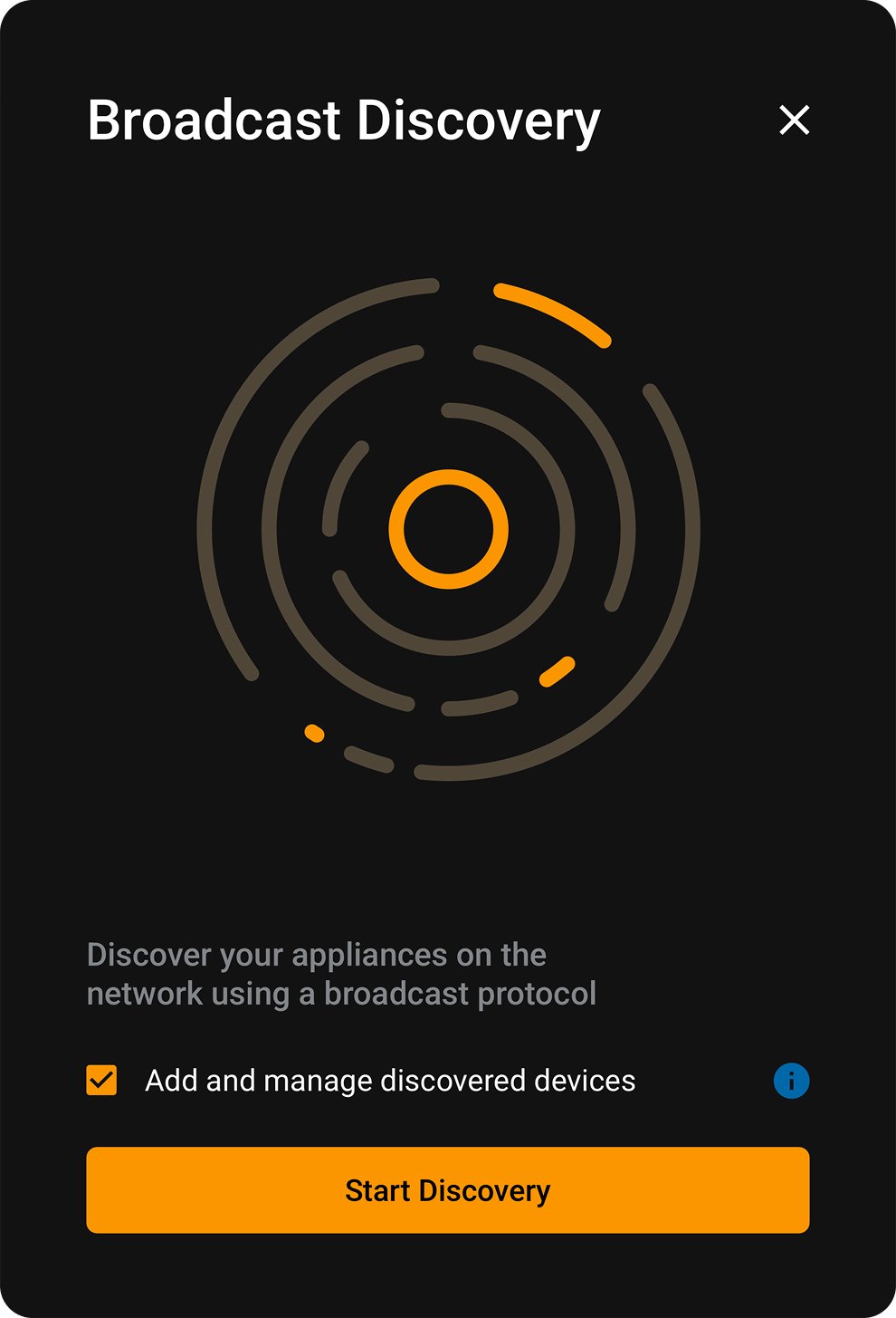 Broadcast discovery modal showing an in-progress device scan