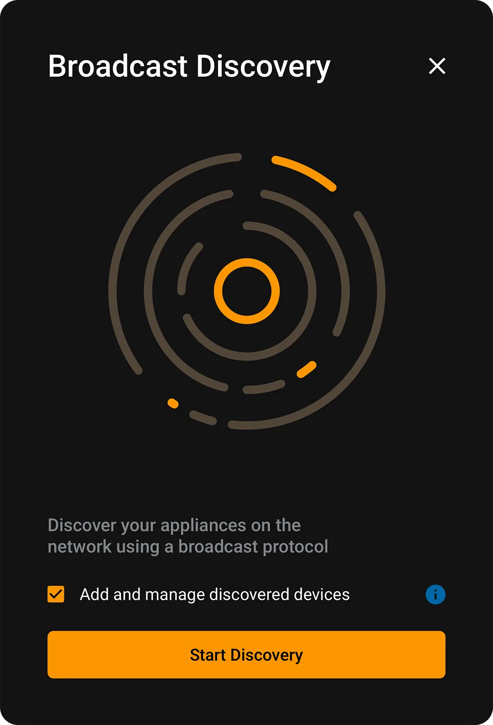 Broadcast discovery modal showing an in-progress device scan