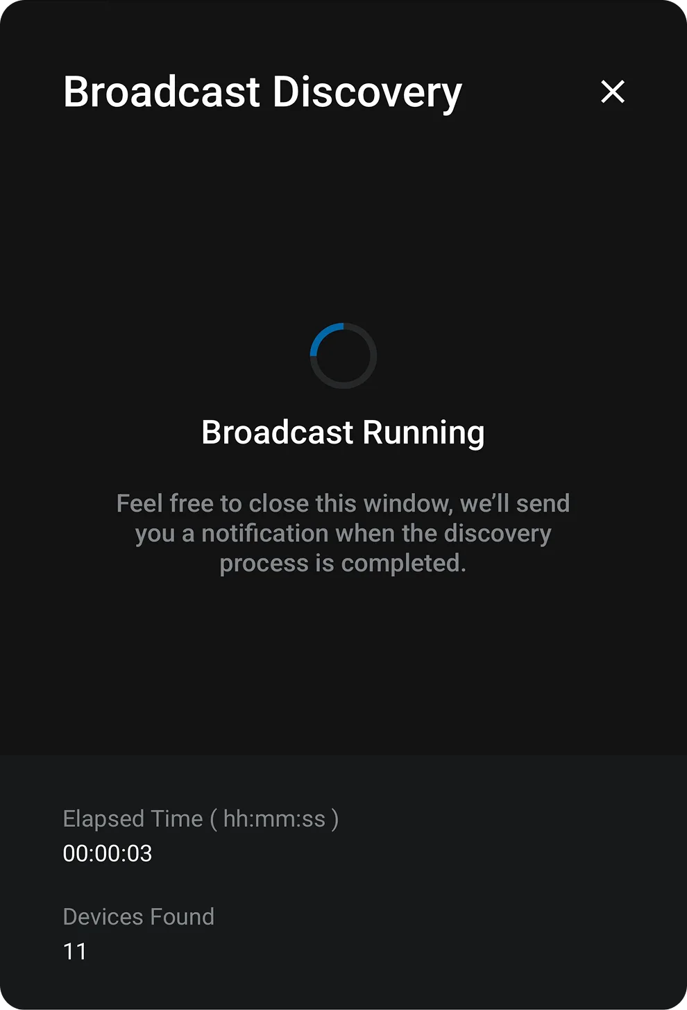 Broadcast discovery modal showing discovered devices ready to add