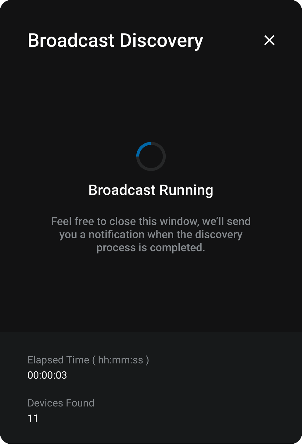 Broadcast discovery modal showing discovered devices ready to add