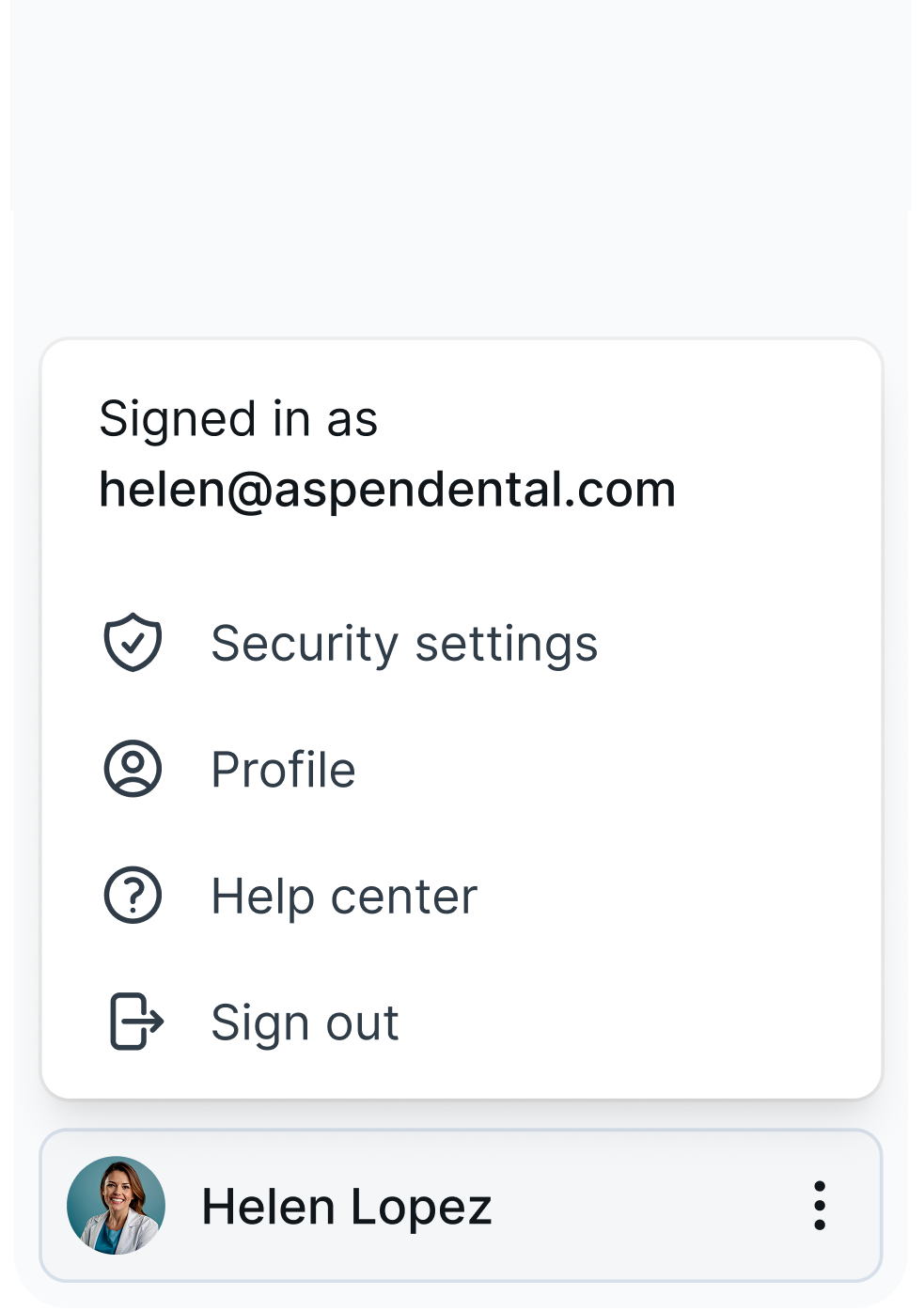 Account navigation menu for Aspen Dental