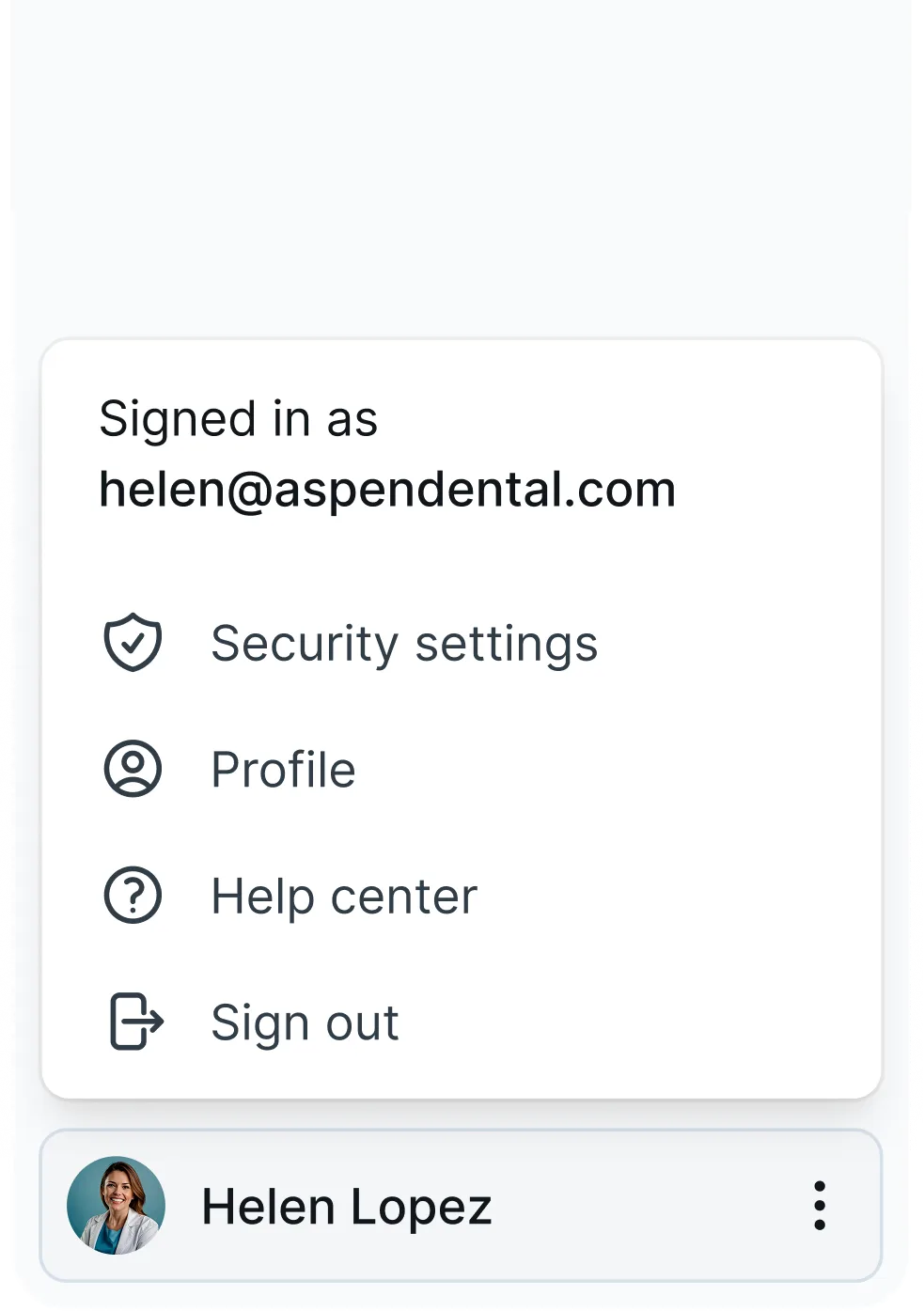 Account navigation menu for Aspen Dental