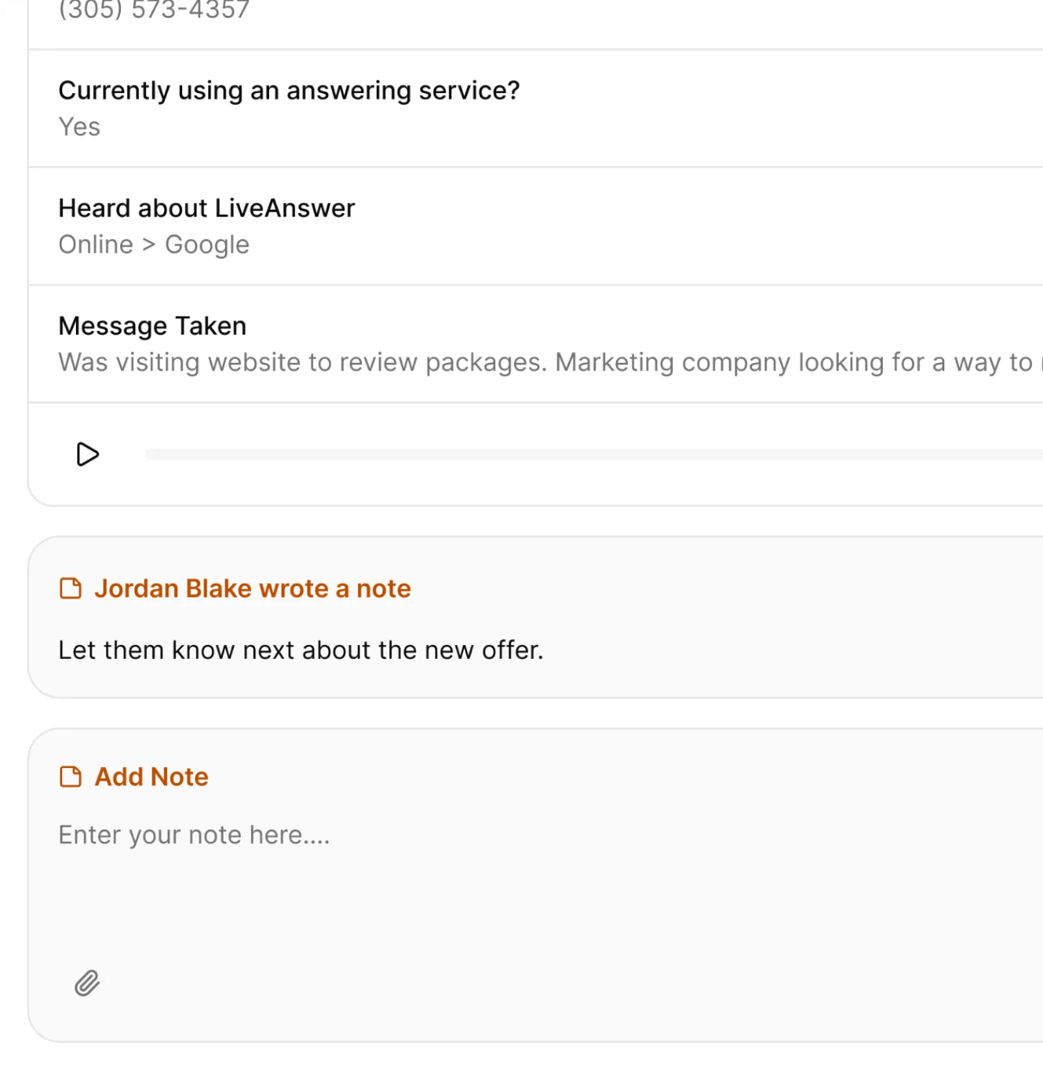 Message details and notes on a call, with an add-note field