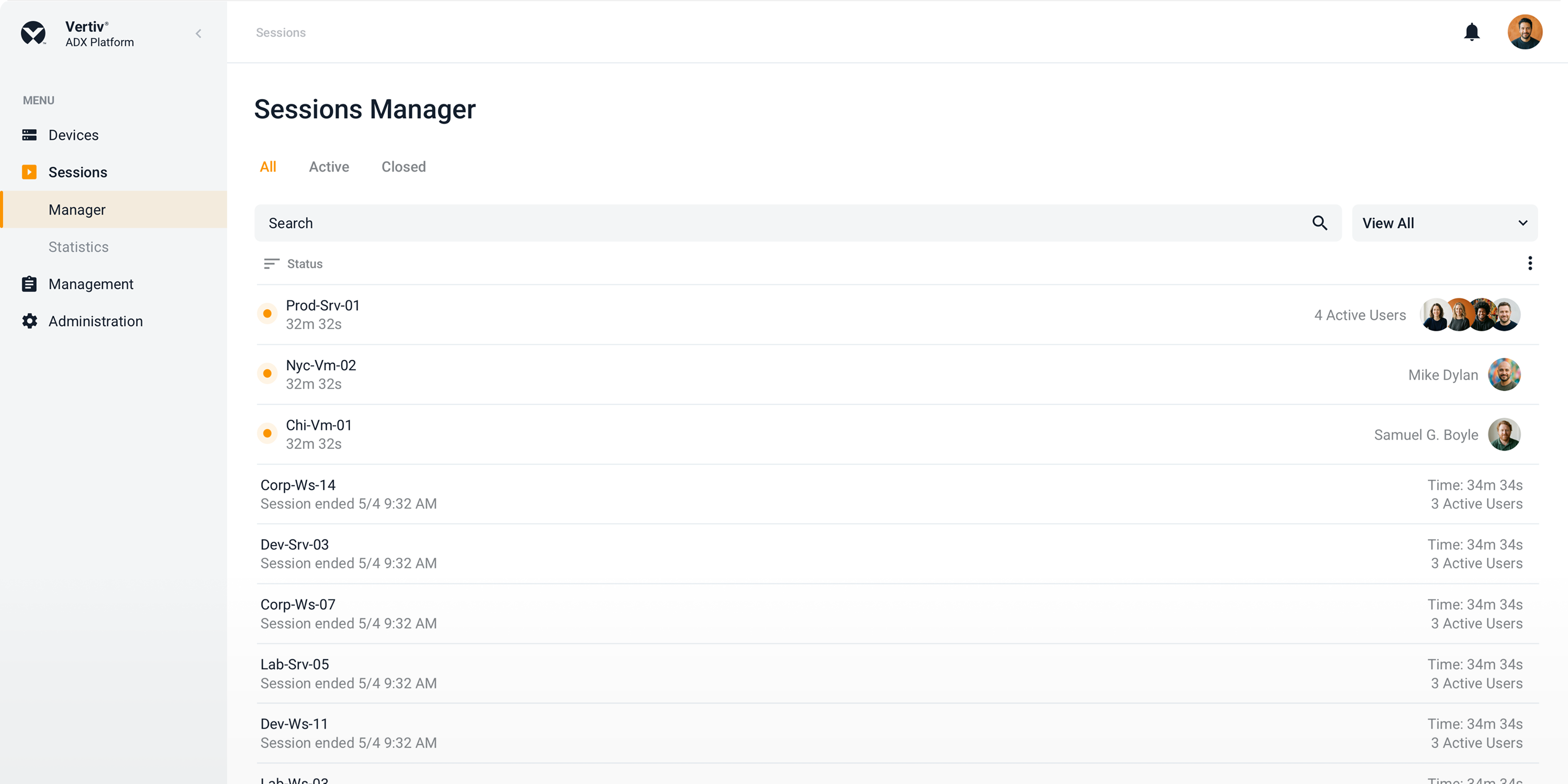 ADX sessions manager interface