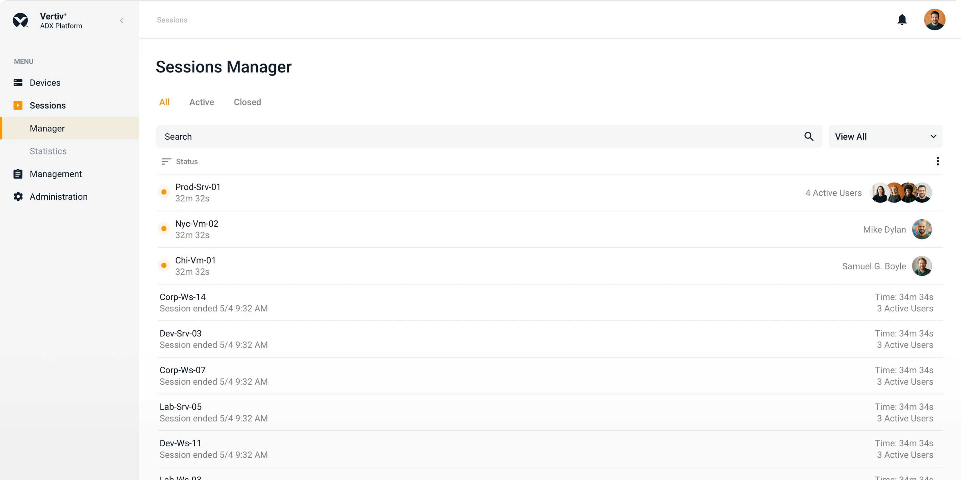 ADX sessions manager interface