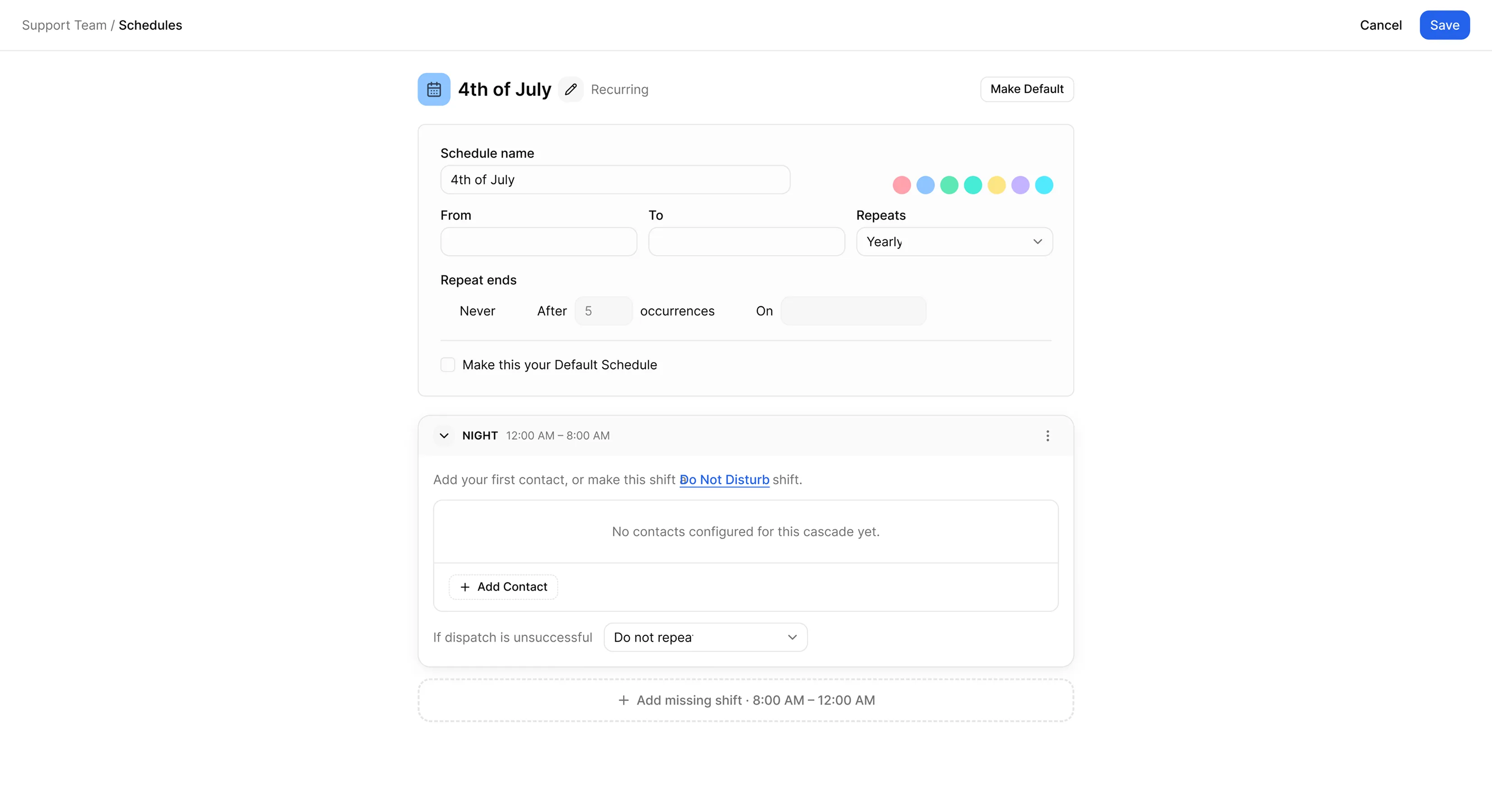 Shift editor showing time windows and the contacts to call, in order