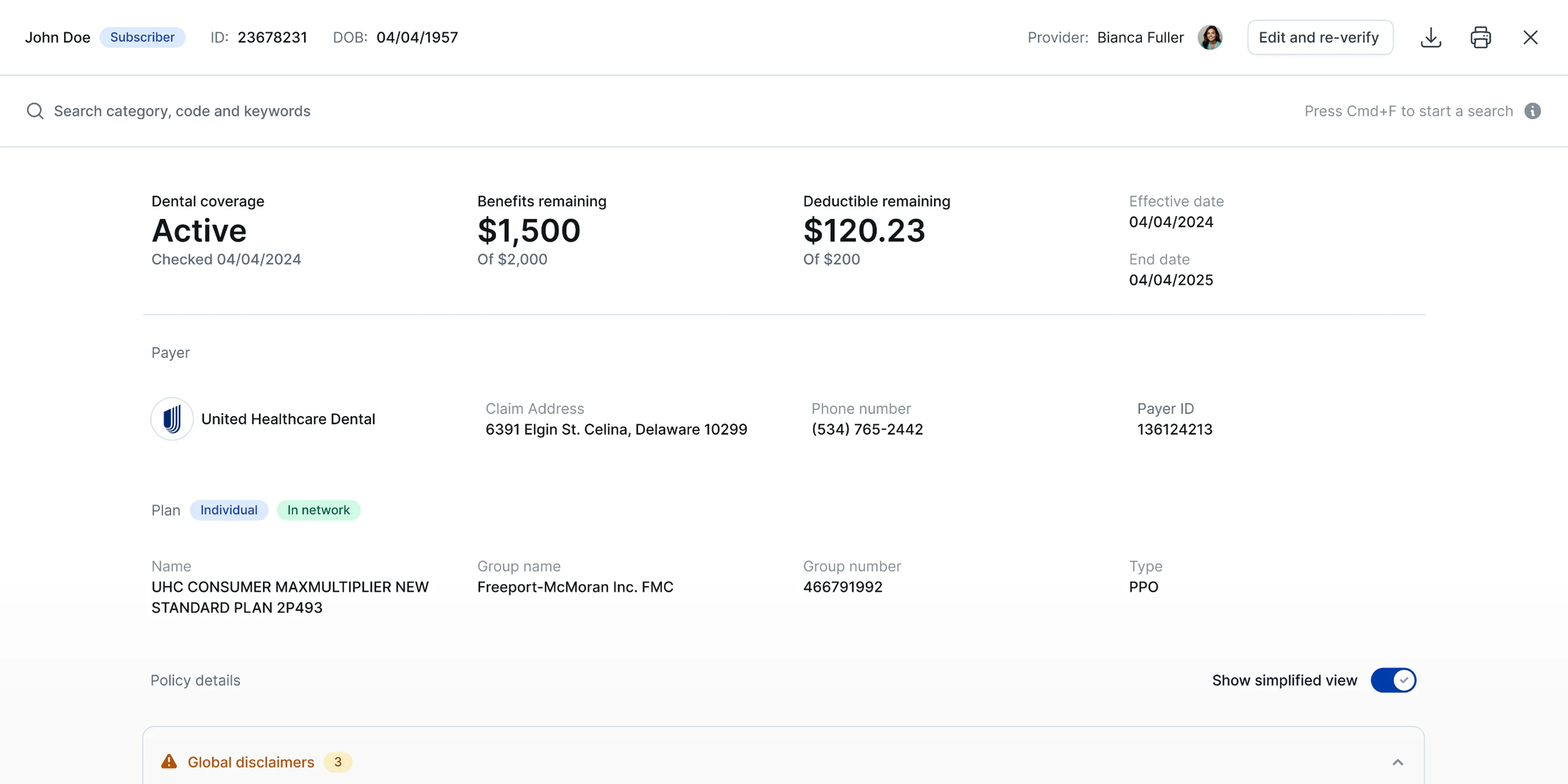 Search field over a long list of insurance codes and limitations