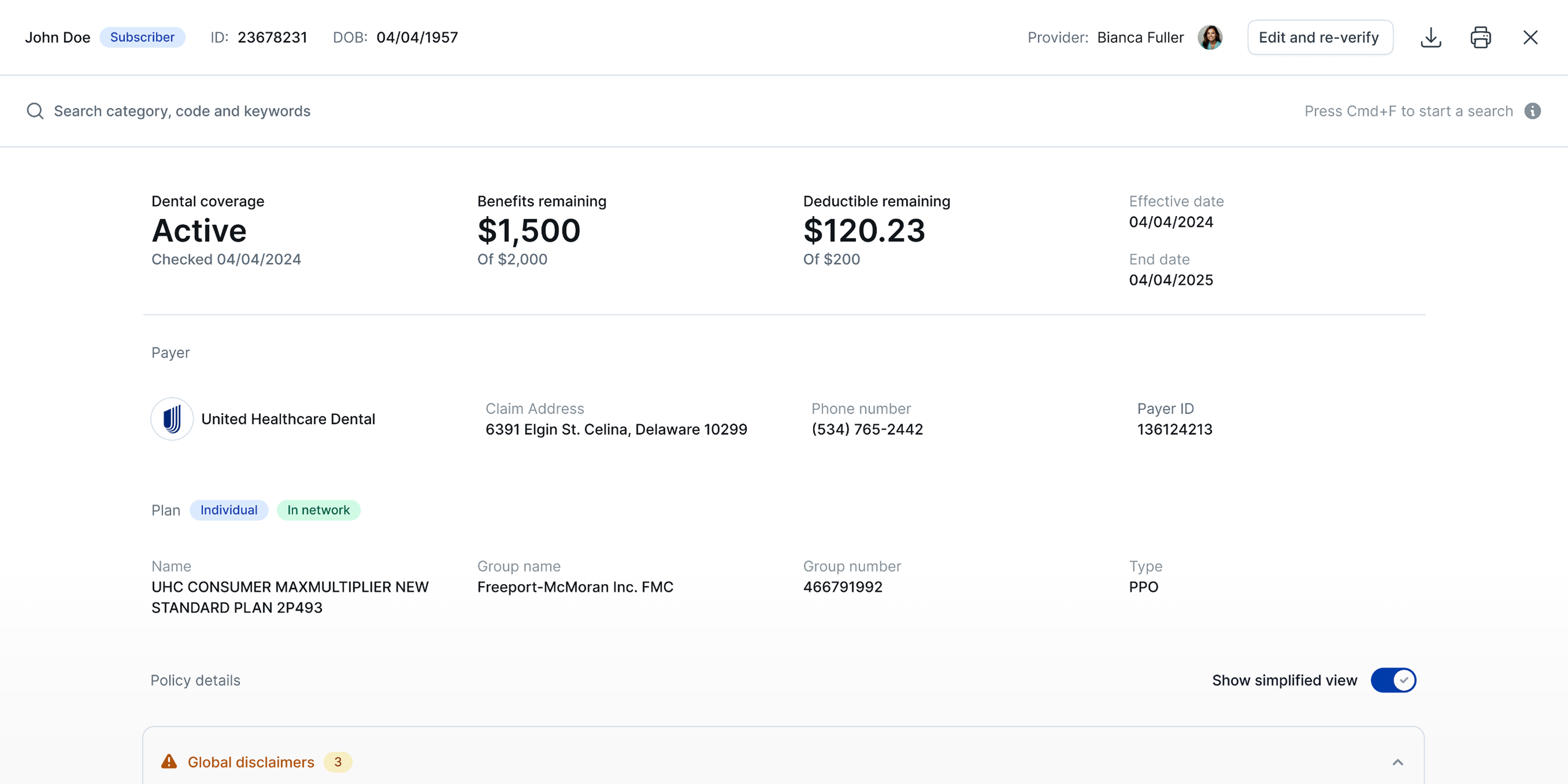 Search field over a long list of insurance codes and limitations