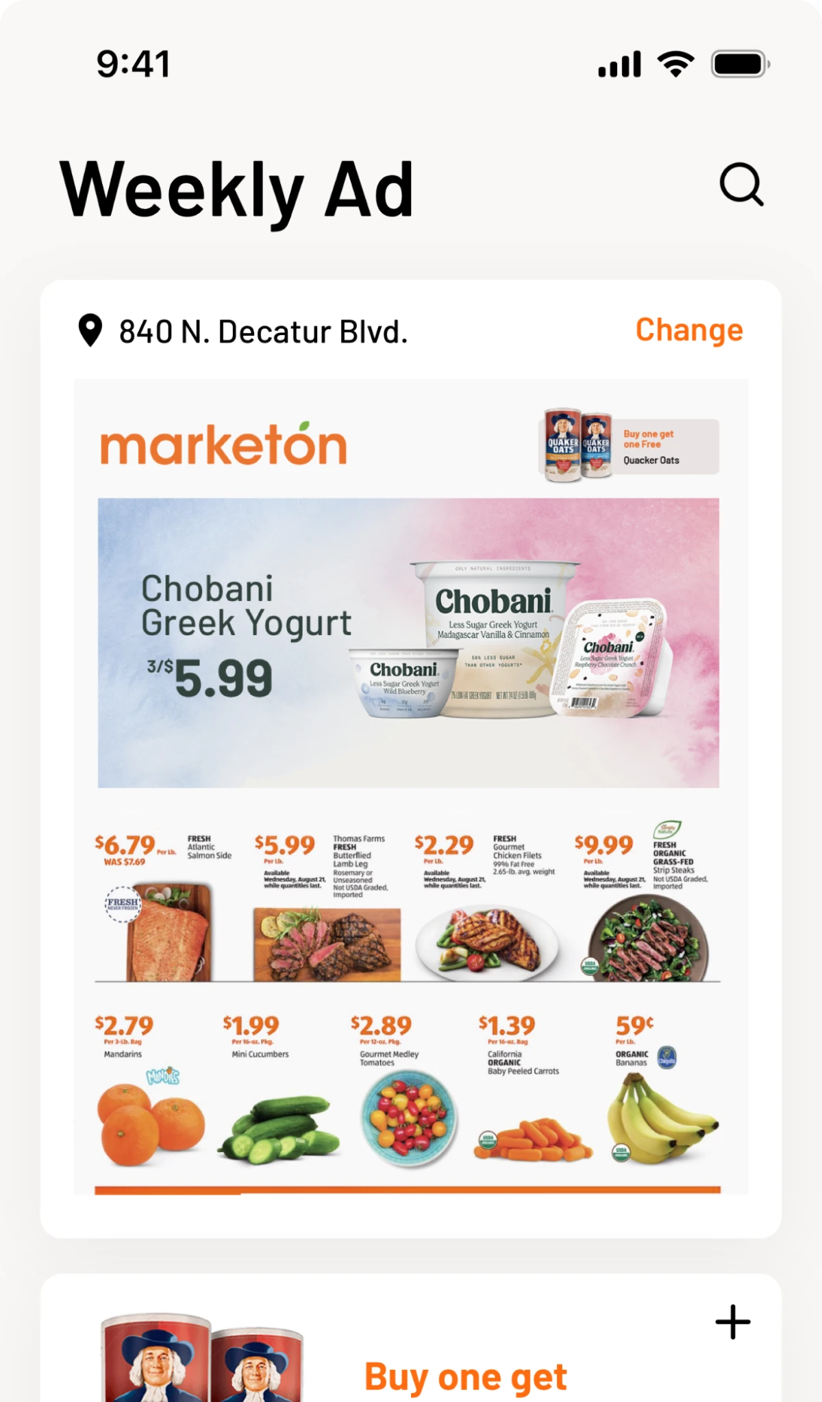 Weekly ad screen with featured coupons up top